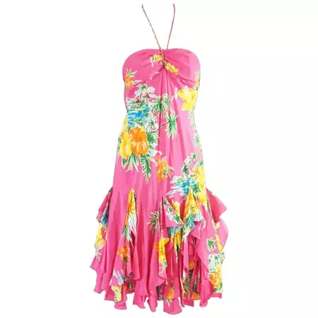 Ralph Lauren Pink Tropical Print Ruffle Dress - 4 For Sale at 1stDibs
