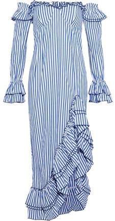 Kerri Off-the-shoulder Ruffled Striped Cotton-poplin Midi Dress