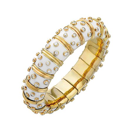 Tiffany and Co. Schlumberger White Enamel Diamond Bangle Bracelet, 21st Century For Sale at 1stDibs