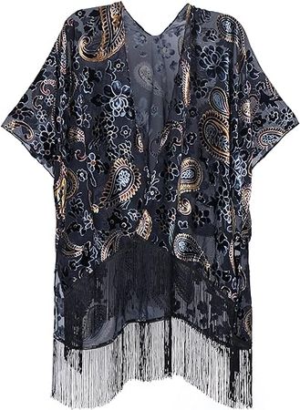 MJ SERECA Women's Burnout Velvet Kimono Cardigan Cover Up with Tassel (JYPJ-3)… at Amazon Women’s Clothing store