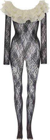 Ruffled Silk-Trimmed Stretch-Leavers Lace Bodysuit