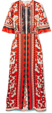Odyssey Lace-trimmed Printed Hammered-silk Midi Dress - Tomato red