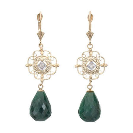 Briolette Emerald Diamond Earrings Vintage 14k Yellow Gold Drops Estate Jewelry For Sale at 1stDibs