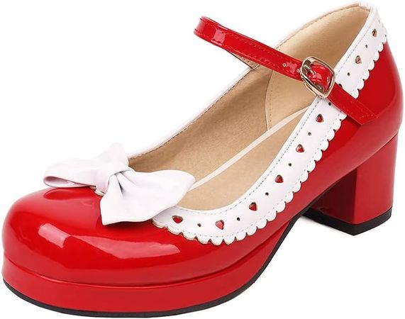 Amazon.com | Tscoyuki Women's Cute Bow Platform Pumps, Mary Janes Lace Round Toe Ankle Strap Chunky Block Heels Ladies Shoes Red | Shoes