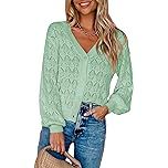 Dokotoo Women's Cropped Cardigan Long Sleeve V Neck Crochet Cardigan Open Front Hollow-Out Light Green Bolero Shrugs Sweater Button Down Tops Large at Amazon Women’s Clothing store