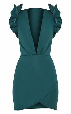 Emerald Green Scuba Frill Sleeve Plunge Bodycon Dress - Going Out - Shop By.. | PrettyLittleThing USA