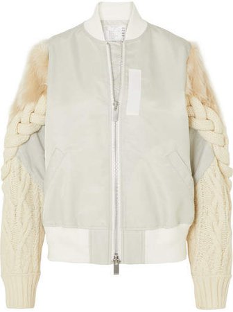 Shell, Cable-knit Wool-blend And Faux Fur Bomber Jacket - Gray