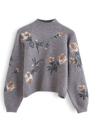 Digital Floral Print Embroidered Knit Sweater in Grey - Retro, Indie and Unique Fashion
