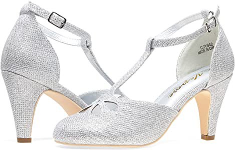 Amazon.com | VEPOSE Women's 1920s Kitten Heels T-Strap Mary Jane Pumps Round Toe Teardrop Vintage Flapper Girl Dress Shoes Silver Glitter(8, Teardrop-042-Silver Glitter) | Pumps