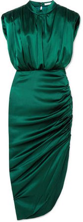 Kendall Gathered Stretch-silk Satin Dress - Dark green