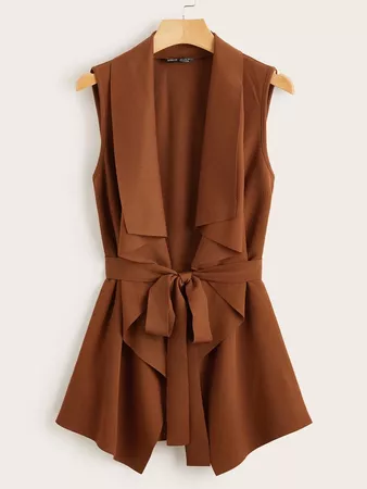 Draped Collar Self Belted Vest | SHEIN USA brown