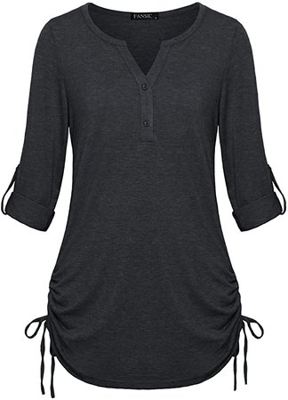 FANSIC Ladies Summer Tops and Blouses, Comfy 3/4 Sleeve Color Block Striped Tunic Shirts Black Blue Large at Amazon Women’s Clothing store