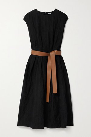 Leather-trimmed Belted Metallic Wool-blend Twill Midi Dress - Black