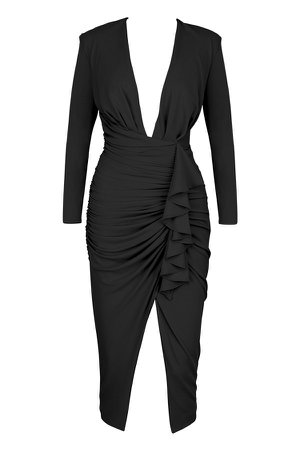 Clothing : Bodycon Dresses : 'Mira' Black Deep Plunge Midi Dress