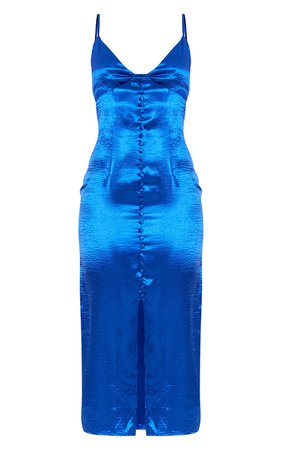 PLT Blue Hammered Satin Button Strappy Midi Dress