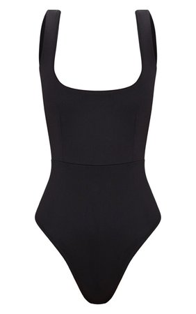 Black Scuba Crepe Square Front Thong Bodysuit | PrettyLittleThing