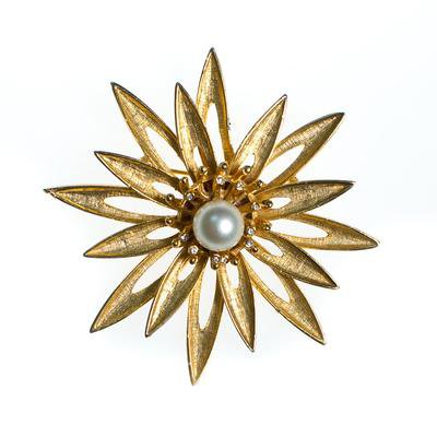 Vintage Huge Mid Century Modern Gold Flower Brooch with Pearls and Rhi - Vintage Meet Modern