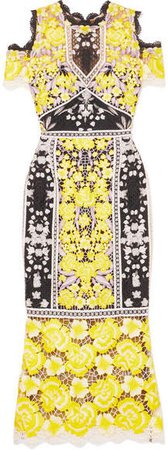 Cold-shoulder Embroidered Guipure Lace Midi Dress - Yellow