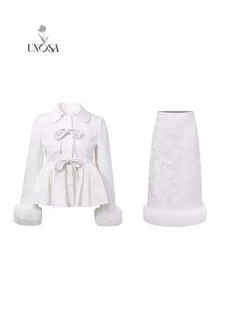 Retro White Bronzing Pattern Bow Knot Fur Quilted skirt suit set-Regin – GOOD GIRL REBEL