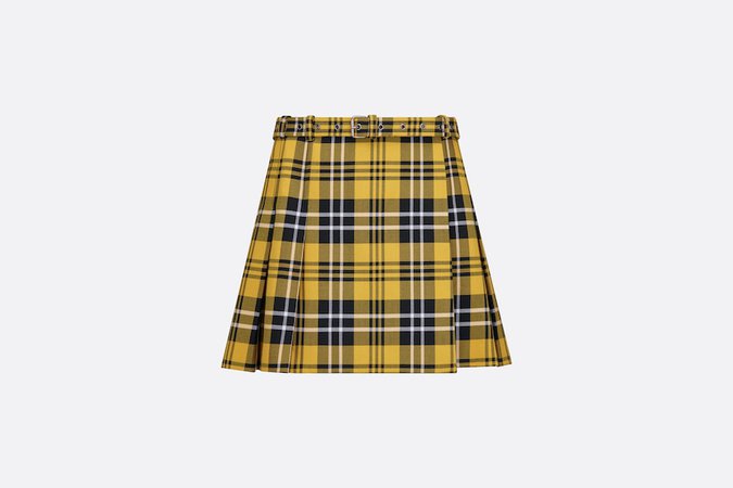 Pleated Miniskirt with Belt Yellow and Black Check'n'Dior Wool Twill | DIOR