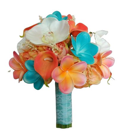 Tropical wedding bouquet, Coral peach turquoise bouquet, Beach destination bridal flowers