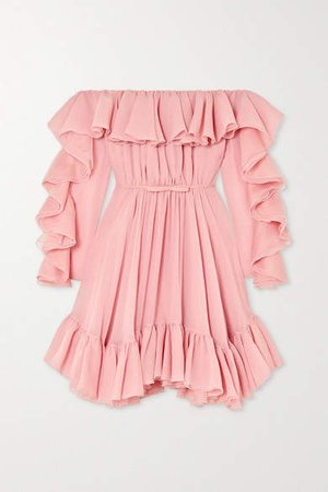 Off-the-shoulder Ruffled Silk-georgette Dress - Pink