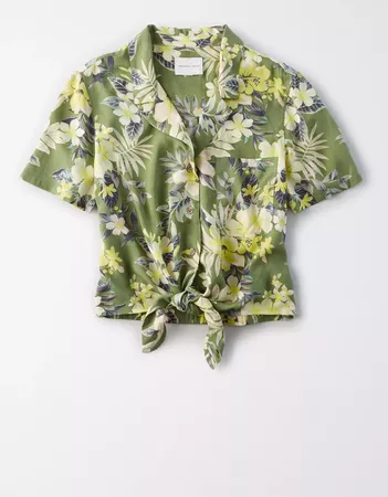 AE Tropical Tie Front Button Up Shirt green