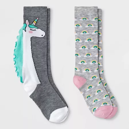 Girls' 2pk Knee High Unicorn Ruffle Socks - Cat & Jack™ Gray M : Target