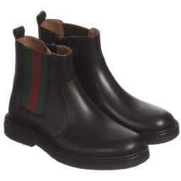 Gucci - Black Leather Boots with Web | Childrensalon