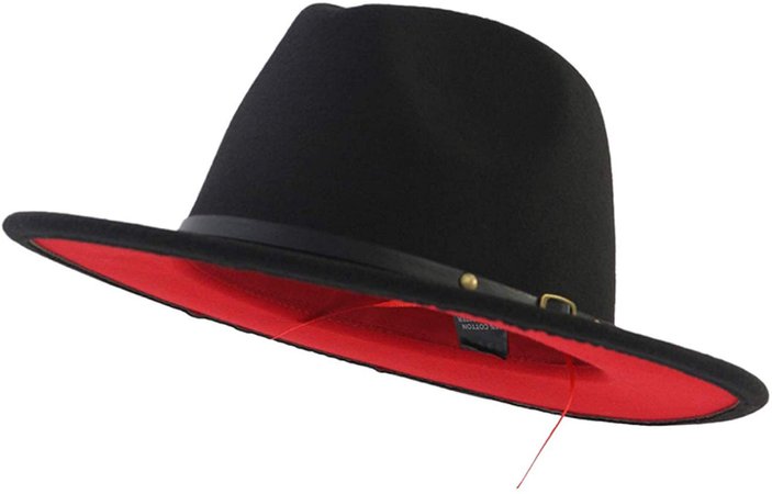 XINBONG Trend Red Black Patchwork Wool Felt Jazz Fedora Hat Casual Men Women Leather Band Wide Brim Felt Hat Trilby at Amazon Men’s Clothing store