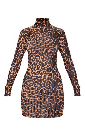 Brown Leopard Print Rib Bodycon Dress | PrettyLittleThing USA