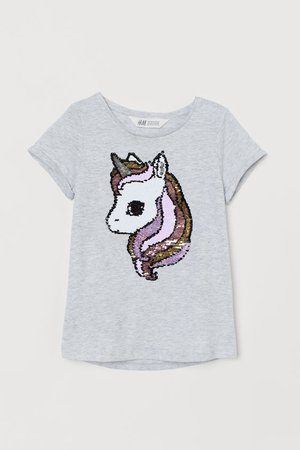 Reversible-sequin T-shirt - Light gray melange/unicorn - Kids | H&M US