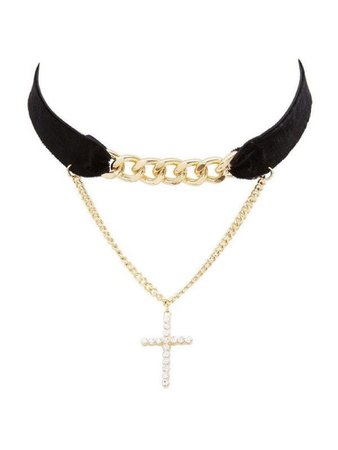 Black choker with gold necklace cross