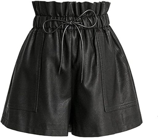SCHHJZPJ High Waisted Wide Leg Black Faux Leather Shorts for Women (Black, XX-Large) | Amazon.com