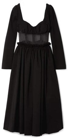 Paneled Jersey And Silk-organza Midi Dress - Black