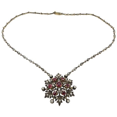 Victorian Style Silver and 18 Karat Yellow Gold Floral Ruby and Diamond Necklace For Sale at 1stDibs