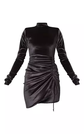Black Shoulder Pad Ruched Velvet Bodycon Dress | PrettyLittleThing USA