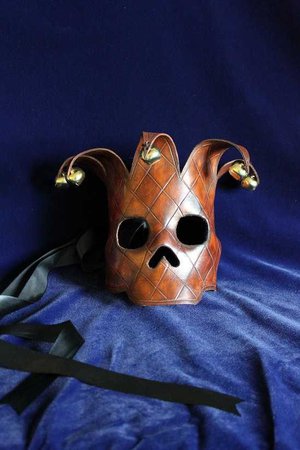 The Fool Hand Carved Leather Skull Mask with Vintage Brass