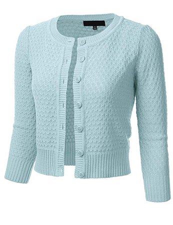 FLORIA Women's Button Down 3/4 Sleeve Crew Neck Cotton Knit Cropped Cardigan Sweater Aqua S at Amazon Women’s Clothing store