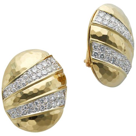 Oval Shaped 18 Karat Yellow Gold Hammered Earrings