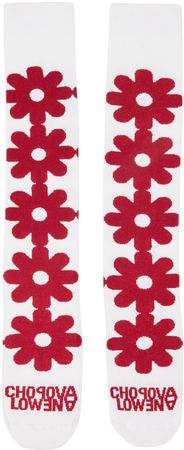 White & Red Floral Long Socks by Chopova Lowena on Sale