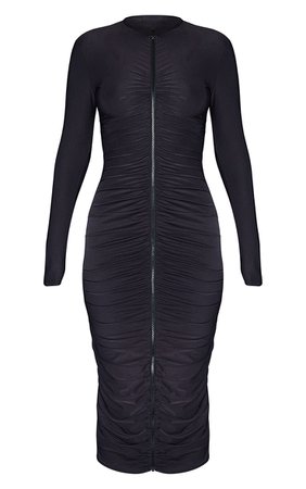 Black Slinky Print Zip Front Ruched Midi Dress | PrettyLittleThing USA