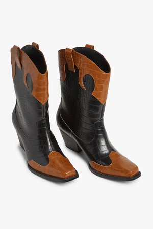 Faux croc cowboy boots - Black and tan - Boots - Monki DK
