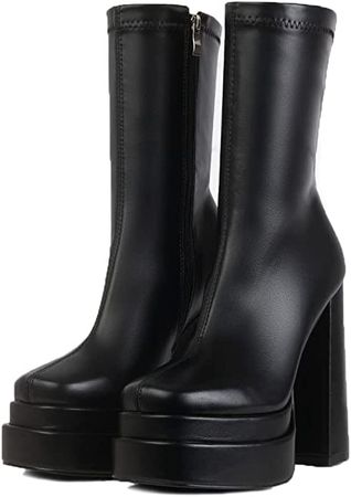Amazon.com: Mattiventon Mid Claf Stiefel & Knee High Boots for Women Double Platform Boots Chunky High Heel Boots for Women Combat Boots, A-black PU : Kleidung, Schuhe & Schmuck