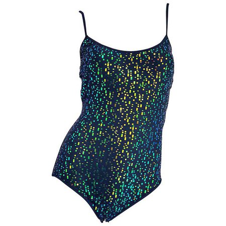 Vintage Oscar de la Renta 90s New w/ Tags Blue Green Sequined One Piece Swimsuit For Sale at 1stdibs