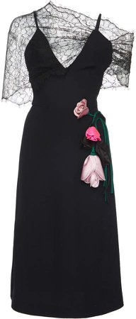 One-Shoulder Lace V-Neck Floral Appliqué Midi Dress