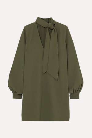 Pussy-bow Crepe Dress - Army green