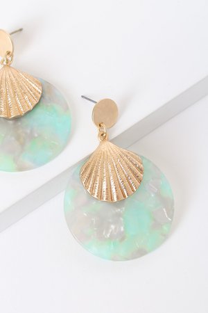 Marbled Lucite Earrings - Acrylic Earrings - Gold Shell Earring