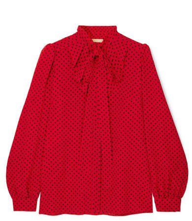 Pussy-bow Polka-dot Silk-georgette Blouse - Red