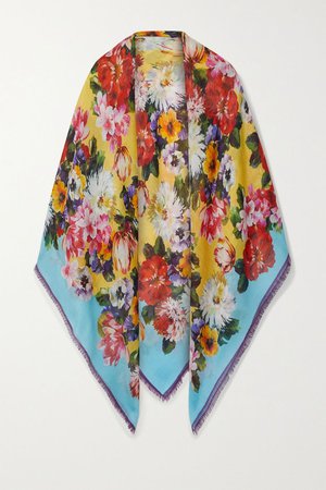 Blue Frayed floral-print cashmere and silk-blend scarf | Dolce & Gabbana | NET-A-PORTER